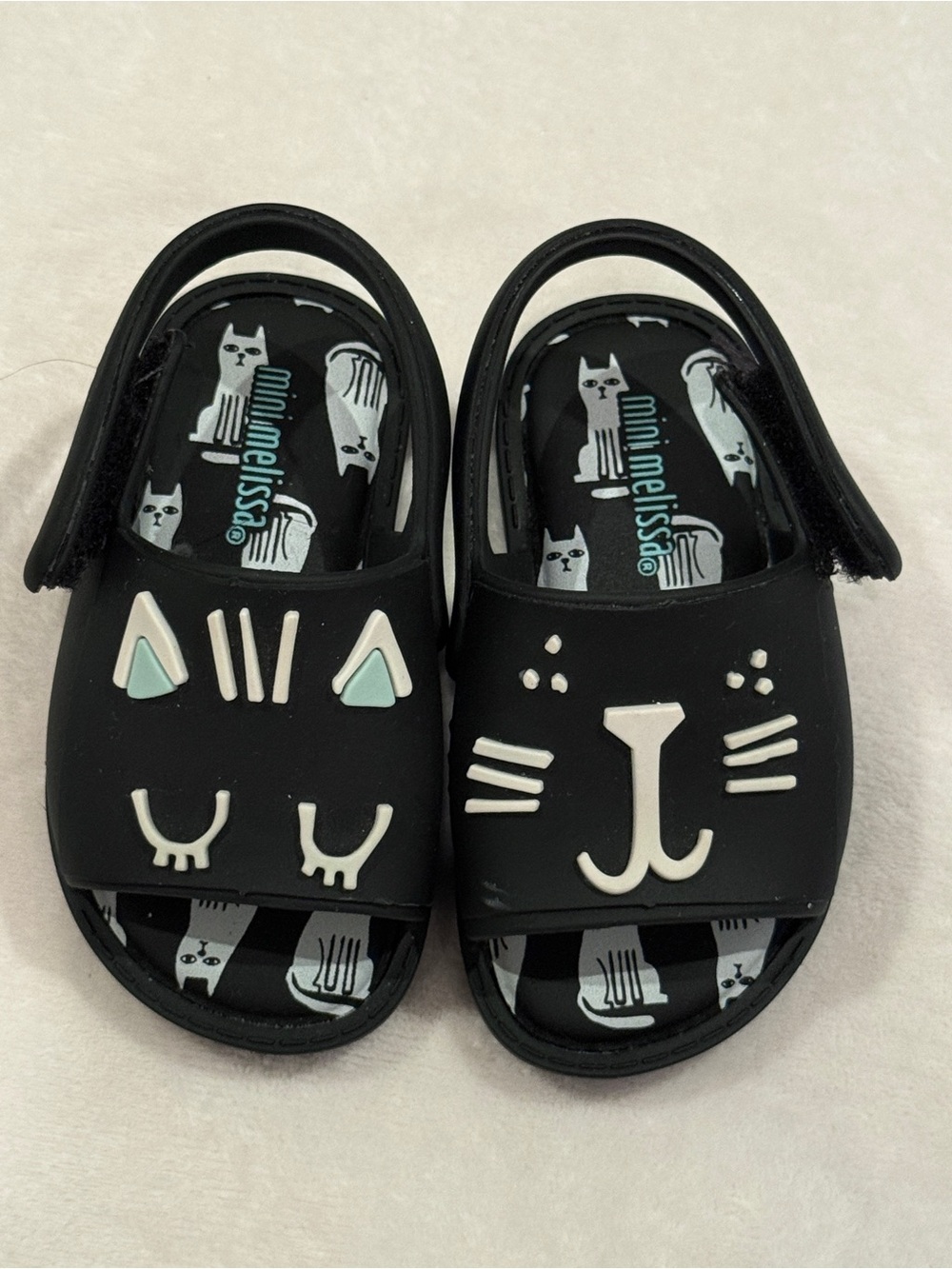 Sz 5 Baby Mini Melissa Black Cat Face Kids Sandals with White Accents